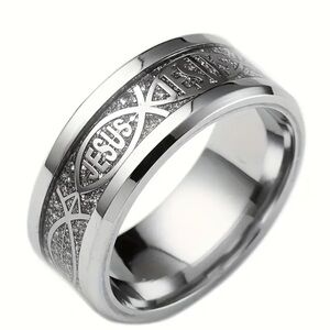 Stainless Steel Jesus Fish Design Religious Ring Silver on Silver Tone Size 8